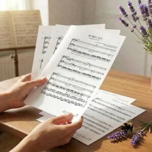 Bumble Bee Choir Arrangements Sheets in a Choir Leaders hands and on the table
